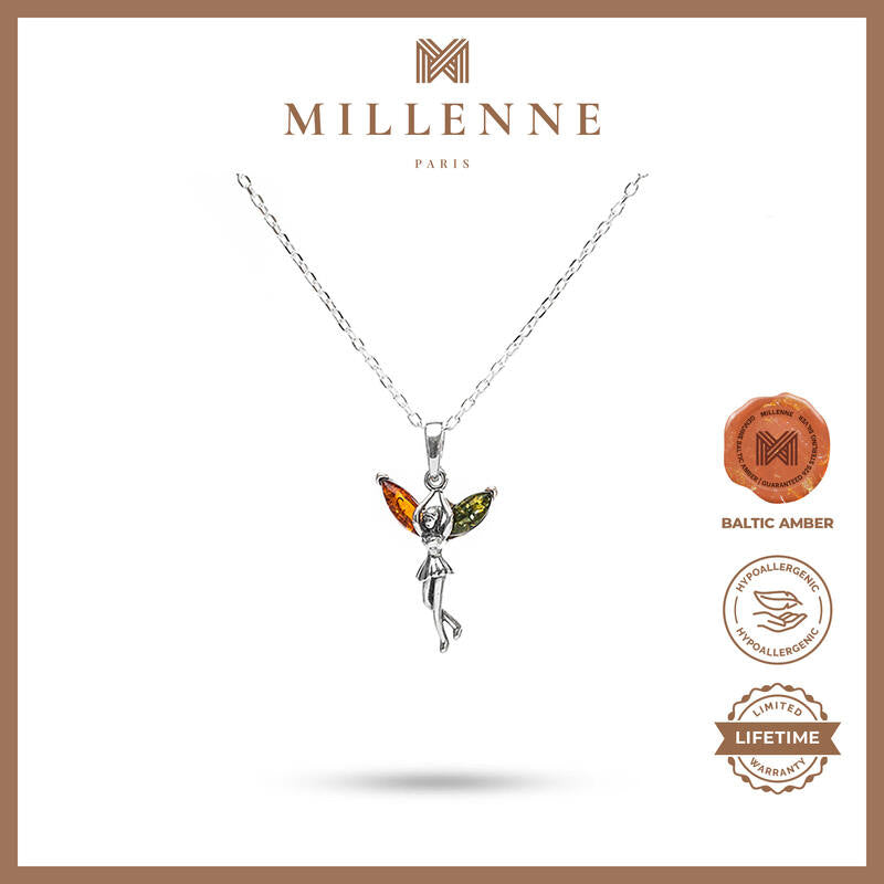 MILLENNE Multifaceted Baltic Amber Dancing Fairy Silver Pendant with 925 Sterling Silver
