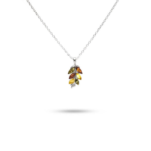 MILLENNE Multifaceted Baltic Amber Graduated Leaf Silver Pendant with 925 Sterling Silver