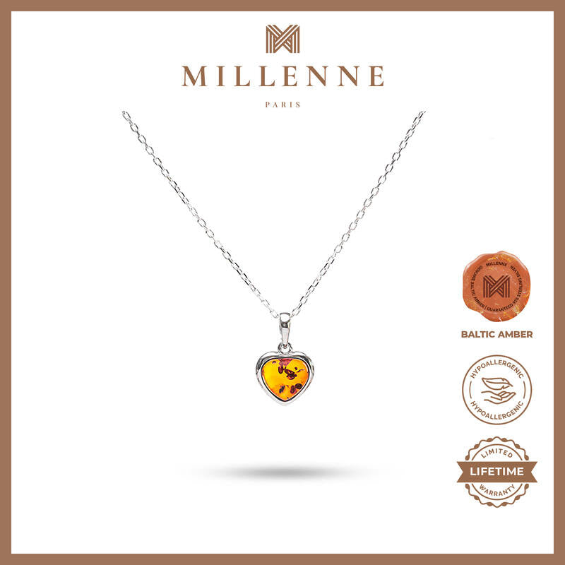 MILLENNE Multifaceted Baltic Amber Heart Silver Pendant with 925 Sterling Silver