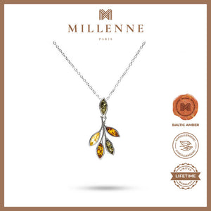 MILLENNE Multifaceted Baltic Amber Branching Leaves Silver Pendant with 925 Sterling Silver