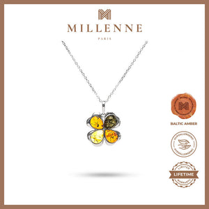MILLENNE Multifaceted Baltic Amber 4 Leaf Clover Silver Pendant with 925 Sterling Silver