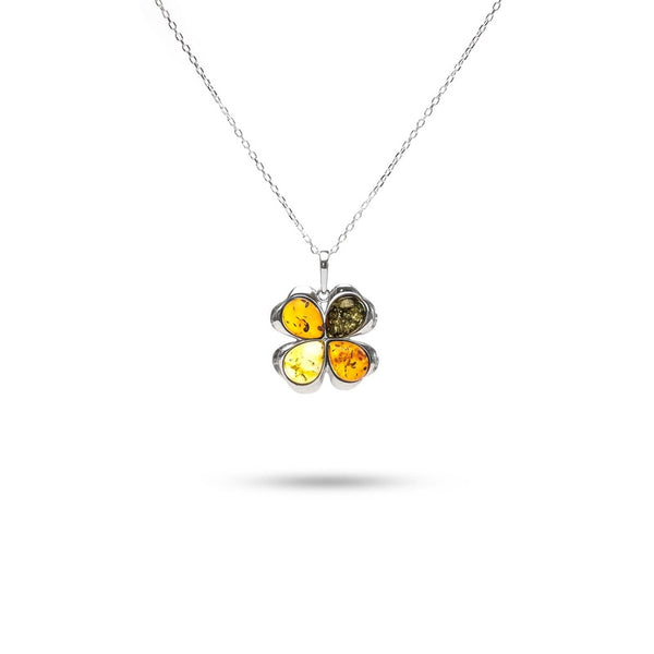 MILLENNE Multifaceted Baltic Amber 4 Leaf Clover Silver Pendant with 925 Sterling Silver