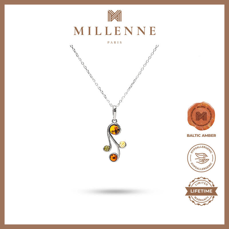 MILLENNE Multifaceted Baltic Amber Curvaceous Silver Pendant with 925 Sterling Silver