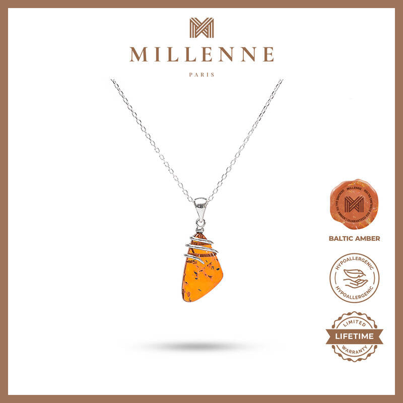MILLENNE Multifaceted Baltic Amber Rustic Silver Pendant with 925 Sterling Silver