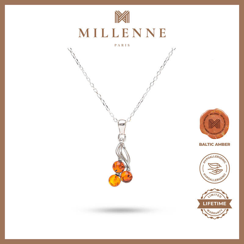 MILLENNE Multifaceted Baltic Amber Trio Silver Pendant with 925 Sterling Silver