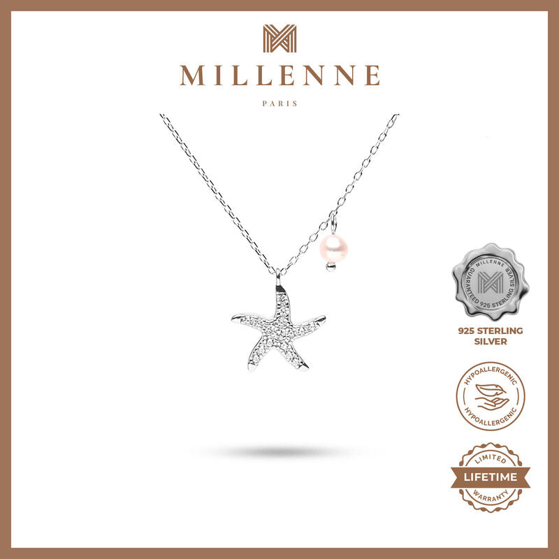 MILLENNE Millennia 2000 Starfish and Pearl Cubic Zirconia Rhodium Necklace with 925 Sterling Silver