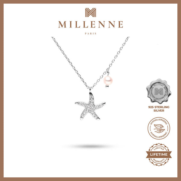 MILLENNE Millennia 2000 Starfish and Pearl Cubic Zirconia Rhodium Necklace with 925 Sterling Silver
