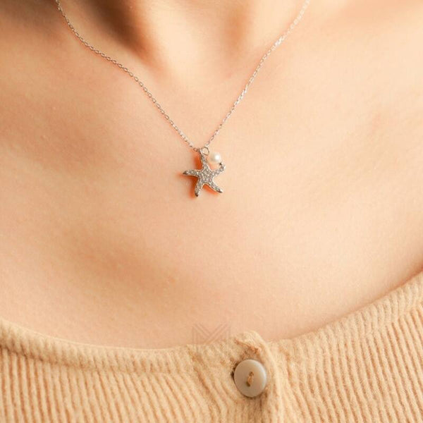 MILLENNE Millennia 2000 Starfish and Pearl Cubic Zirconia Rhodium Necklace with 925 Sterling Silver