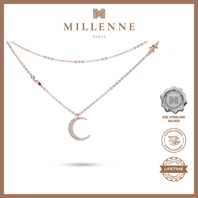 MILLENNE Match The Stars Moon and Stars Cubic Zirconia Rose Gold Necklace with 925 Sterling Silver