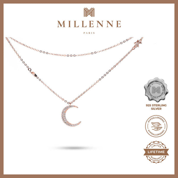 MILLENNE Match The Stars Moon and Stars Cubic Zirconia Rose Gold Necklace with 925 Sterling Silver