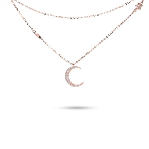 MILLENNE Match The Stars Moon and Stars Cubic Zirconia Rose Gold Necklace with 925 Sterling Silver