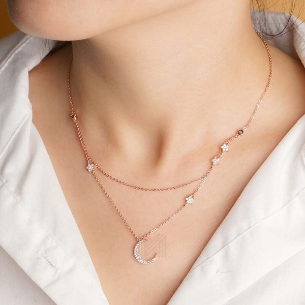 MILLENNE Match The Stars Moon and Stars Cubic Zirconia Rose Gold Necklace with 925 Sterling Silver