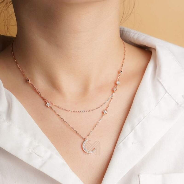 MILLENNE Match The Stars Moon and Stars Cubic Zirconia Rose Gold Necklace with 925 Sterling Silver