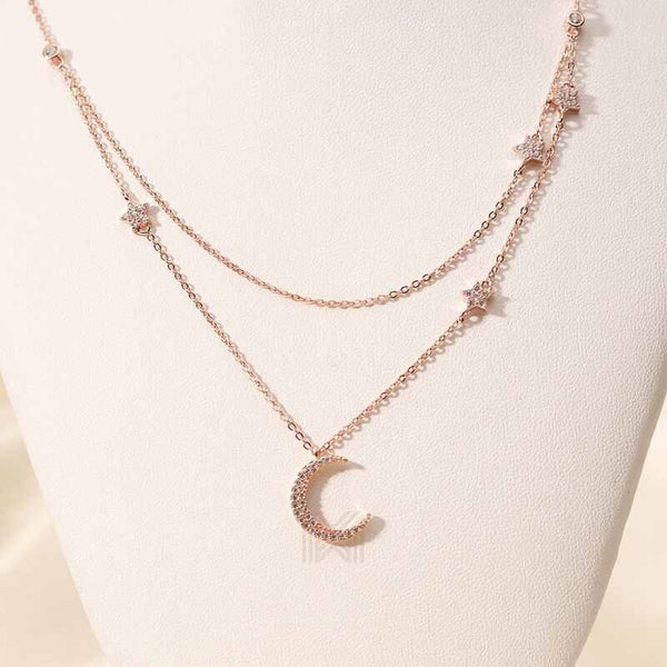 MILLENNE Match The Stars Moon and Stars Cubic Zirconia Rose Gold Necklace with 925 Sterling Silver