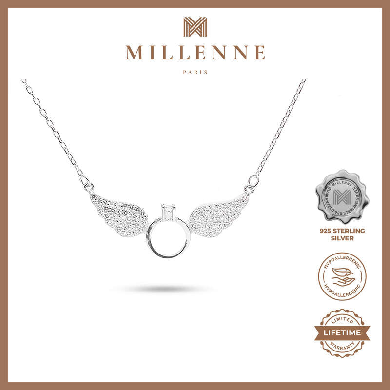 MILLENNE Millennia 2000 Angel Wings Cubic Zirconia Silver Necklace with 925 Sterling Silver