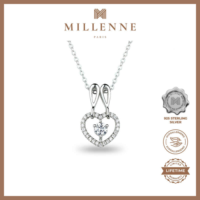 MILLENNE Made For The Night Double Hoop Heart Cubic Zirconia White Gold Necklace with 925 Sterling Silver