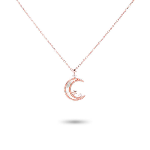 MILLENNE Match The Stars Mother of Pearls Moon and Stars Rose Gold Necklace with 925 Sterling Silver