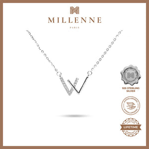 MILLENNE Minimal Studded W Cubic Zirconia White Gold Necklace with 925 Sterling Silver