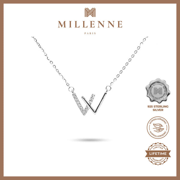 MILLENNE Minimal Studded W Cubic Zirconia White Gold Necklace with 925 Sterling Silver