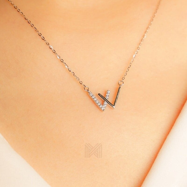 MILLENNE Minimal Studded W Cubic Zirconia White Gold Necklace with 925 Sterling Silver