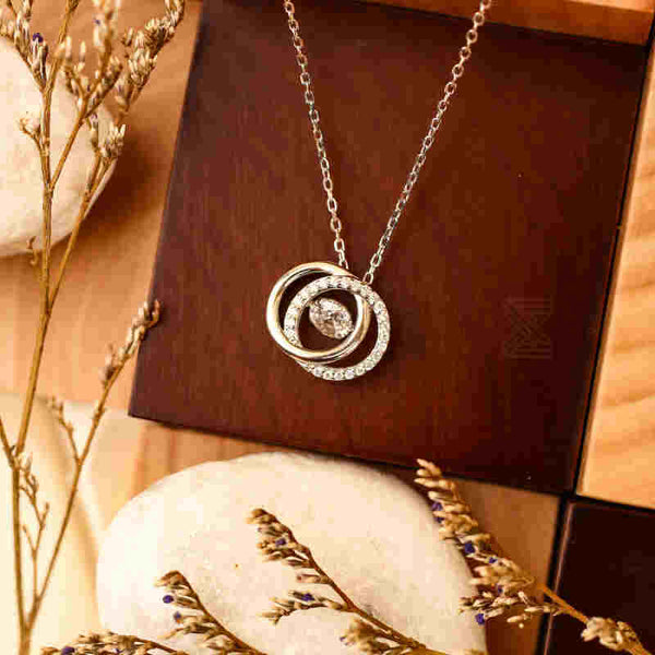MILLENNE Made For The Night Circle Loop Studded Cubic Zirconia White Gold Necklace with 925 Sterling Silver
