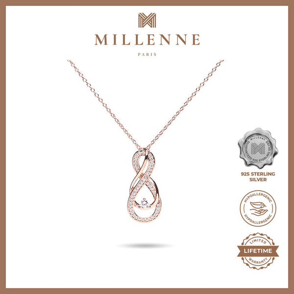 MILLENNE Made For The Night Intricate Entwined Studded Cubic Zirconia Rose Gold Necklace with 925 Sterling Silver