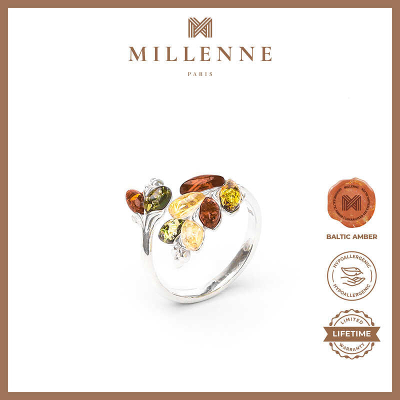 MILLENNE Multifaceted Baltic Amber Graduated Leaf Silver Adjustable Ring with 925 Sterling Silver