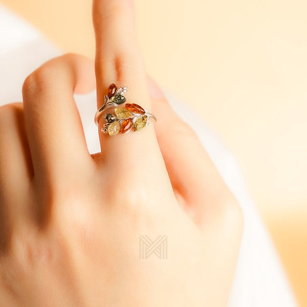 MILLENNE Multifaceted Baltic Amber Graduated Leaf Silver Adjustable Ring with 925 Sterling Silver