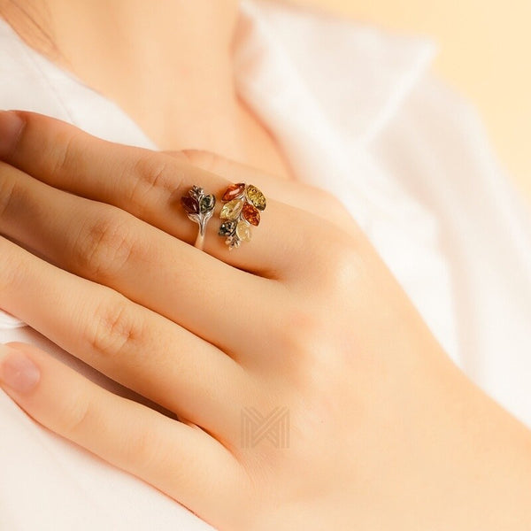MILLENNE Multifaceted Baltic Amber Graduated Leaf Silver Adjustable Ring with 925 Sterling Silver