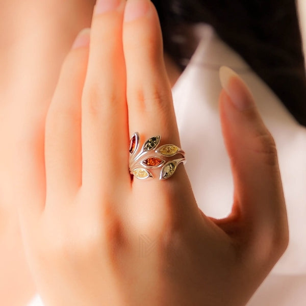 MILLENNE Multifaceted Baltic Amber Branching Leaves Silver Ring with 925 Sterling Silver