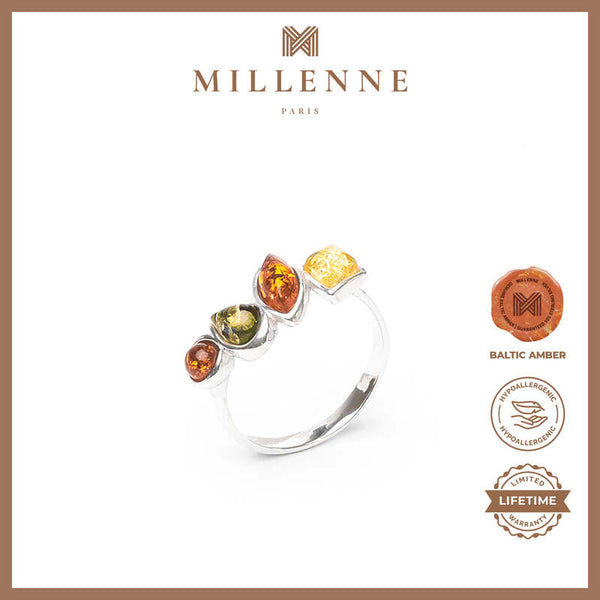 MILLENNE Multifaceted Baltic Amber Rhytymic Silver Ring with 925 Sterling Silver
