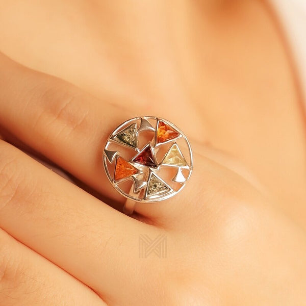 MILLENNE Multifaceted Baltic Amber Multi-Tone Disc Silver Ring with 925 Sterling Silver