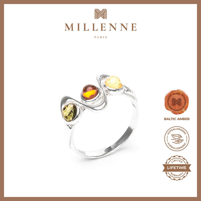 MILLENNE Multifaceted Baltic Amber Waves Silver Ring with 925 Sterling Silver