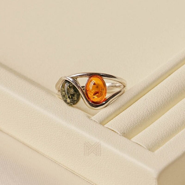 MILLENNE Multifaceted Baltic Amber Double Oval Silver Ring with 925 Sterling Silver