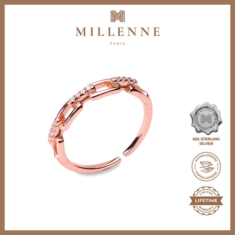 MILLENNE Millennia 2000 Studded Chain Link Cubic Zirconia Rose Gold Ring with 925 Sterling Silver