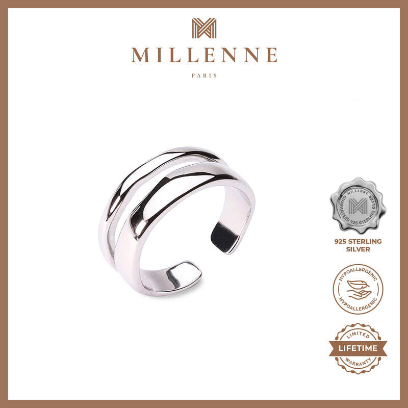 MILLENNE Millennia 2000 Double Line Stackable White Gold Ring with 925 Sterling Silver