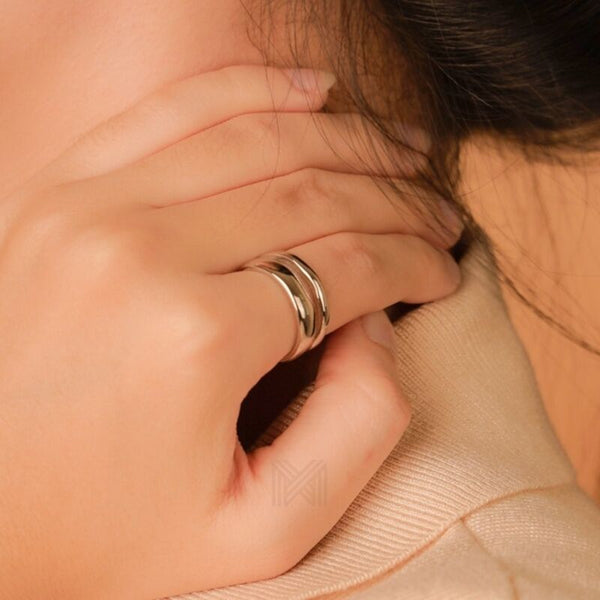 MILLENNE Millennia 2000 Double Line Stackable White Gold Ring with 925 Sterling Silver