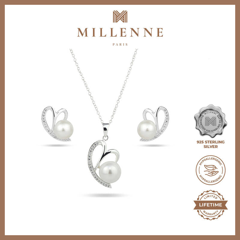MILLENNE Made For The Night Freshwater Pearl Heart Cubic Zirconia Silver Necklace and Earrings Set with 925 Sterling Silver