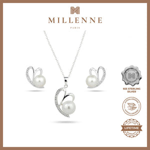 MILLENNE Made For The Night Freshwater Pearl Heart Cubic Zirconia Silver Necklace and Earrings Set with 925 Sterling Silver