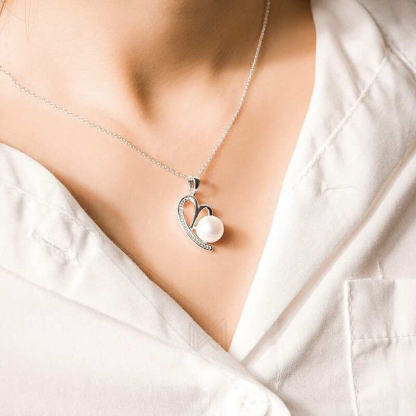 MILLENNE Made For The Night Freshwater Pearl Heart Cubic Zirconia Silver Necklace and Earrings Set with 925 Sterling Silver
