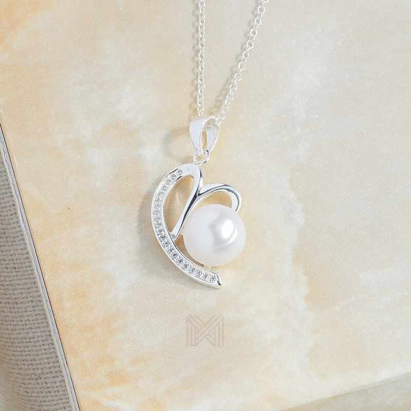 MILLENNE Made For The Night Freshwater Pearl Heart Cubic Zirconia Silver Necklace and Earrings Set with 925 Sterling Silver