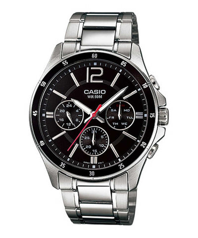 Casio Men's Analog Watch MTP-1374D-1AV Black Dial with Silver Stainless Steel Band