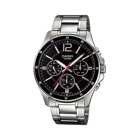 Casio Men's Analog Watch MTP-1374D-1AV Black Dial with Silver Stainless Steel Band