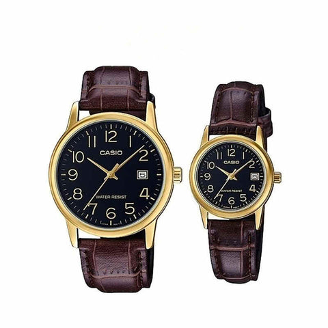 Casio Couple Analog Watch MTP-LTP-V002GL-1B with Brown Leather Band