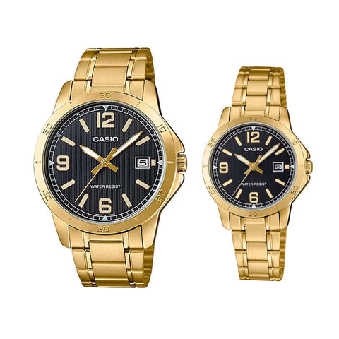 Casio Couple Watch Analog MTP-LTP-V004G-1B with Gold Stainless Steel Band