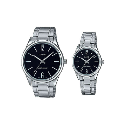 Casio Couple Analog Watch MTP-LTP-V005D-1B with Silver Stainless Steel Band