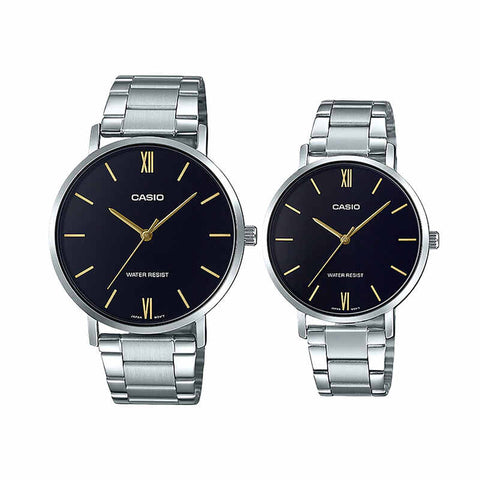 Casio Couple Watch Analog MTP-LTP-VT01D-1B with Silver Stainless Steel Band