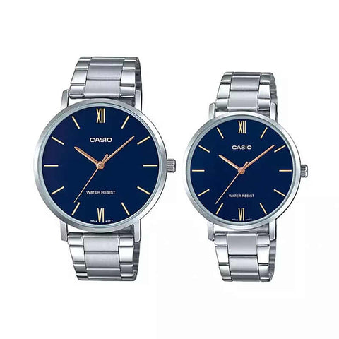 Casio Couple Watch Analog MTP-LTP-VT01D-2B with Silver Stainless Steel Band
