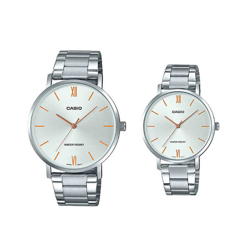 Casio Couple Analog Watch MTP-LTP-VT01D-7B with Silver Stainless Steel Band