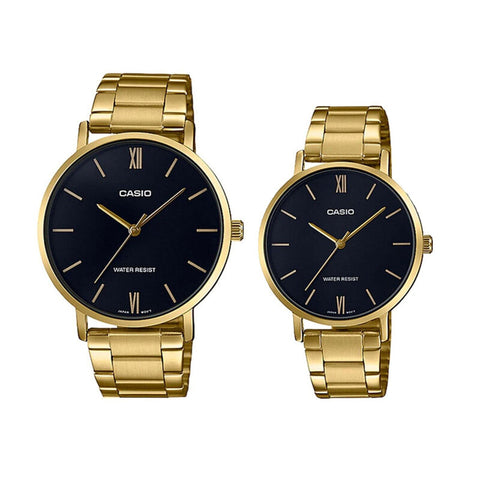 Casio Couple Analog Watch MTP-LTP-VT01G-1B with Gold Stainless Steel Band